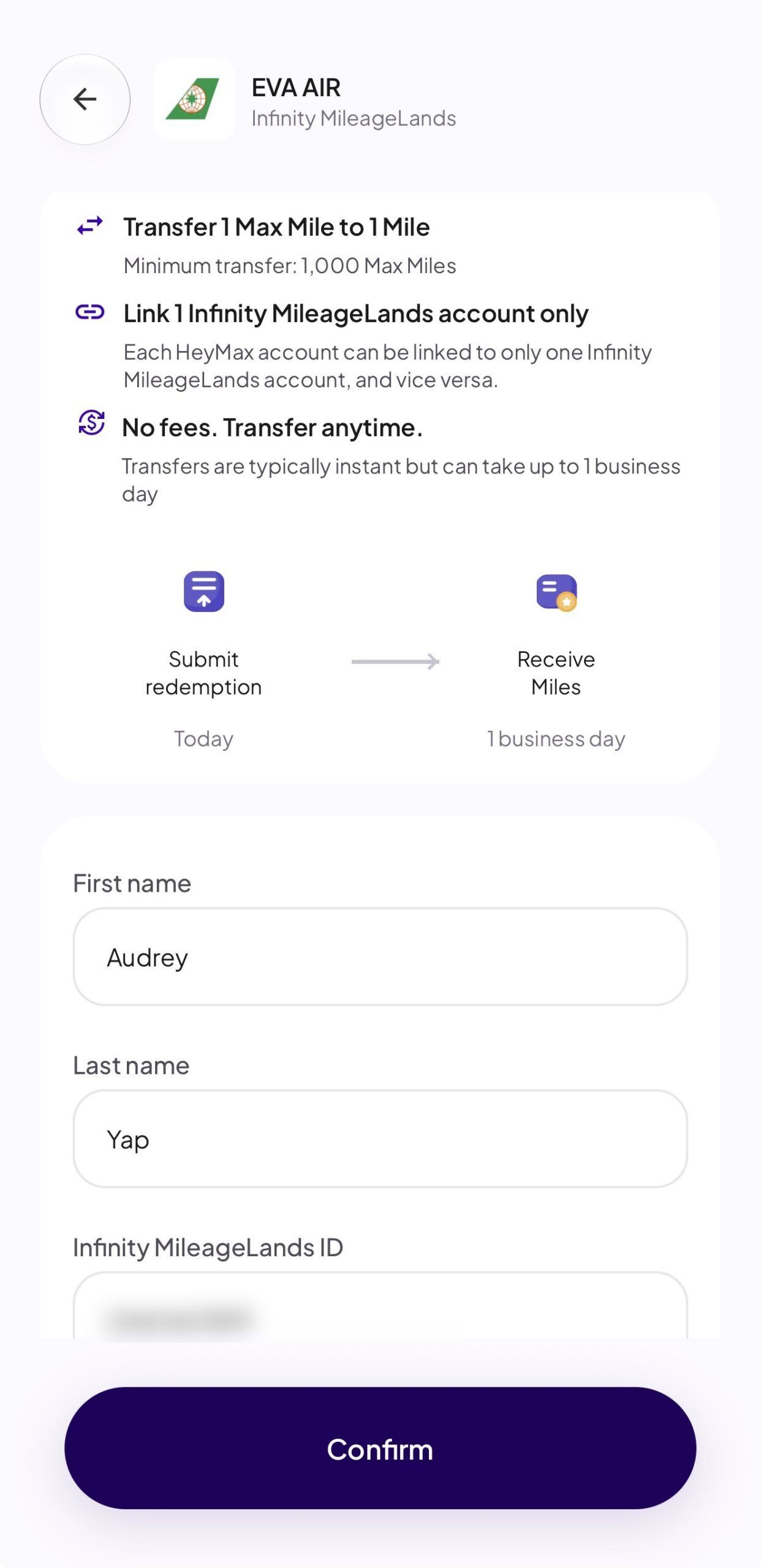 HeyMax EVA Air transfer screen: 1 Max Mile to 1 mile, 1,000 Max Miles minimum, no fees, with name and Infinity MileageLands ID fields