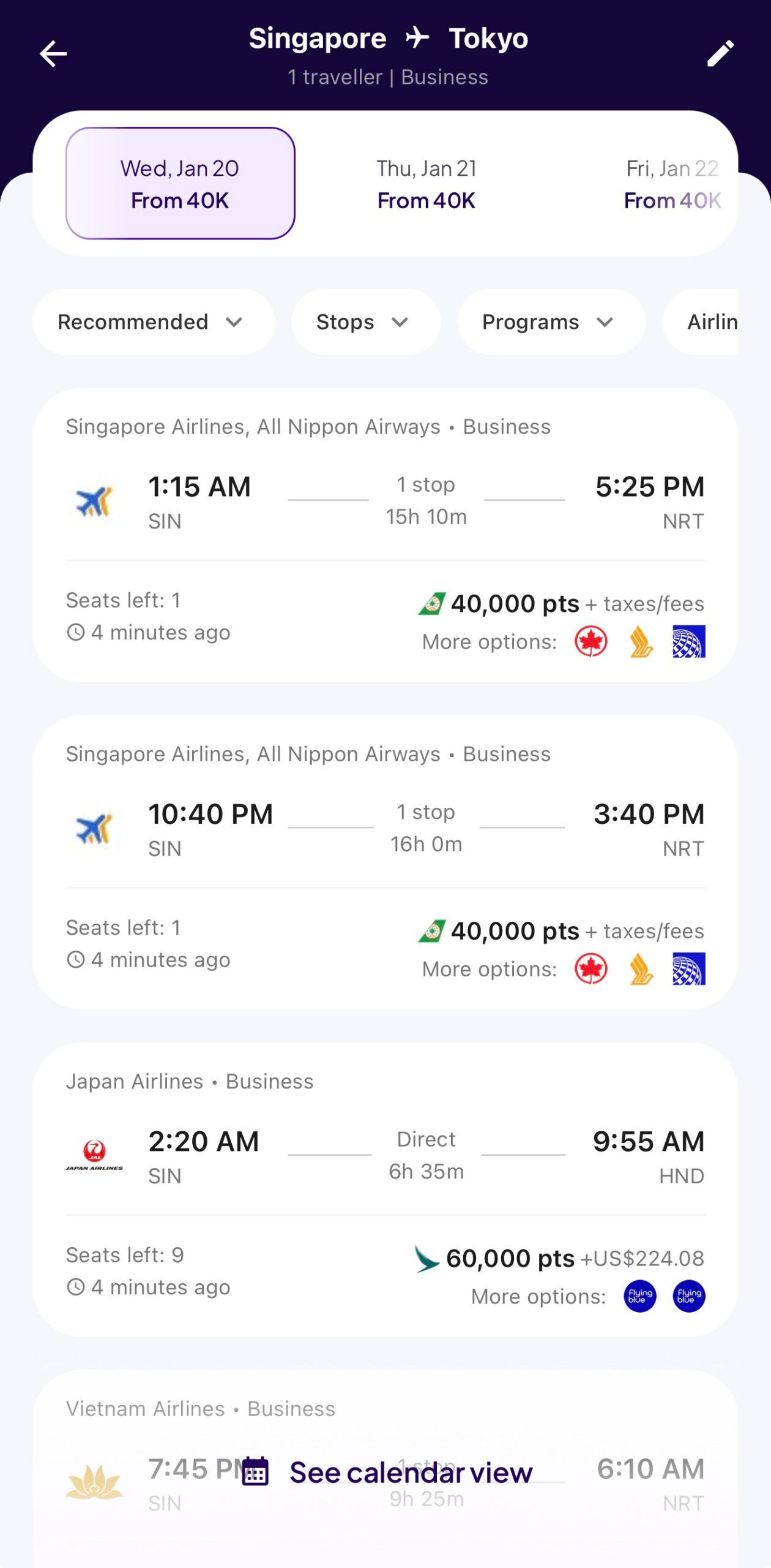 HeyMax flight search results for Singapore to Tokyo in business class, showing 40,000-point options with seats left