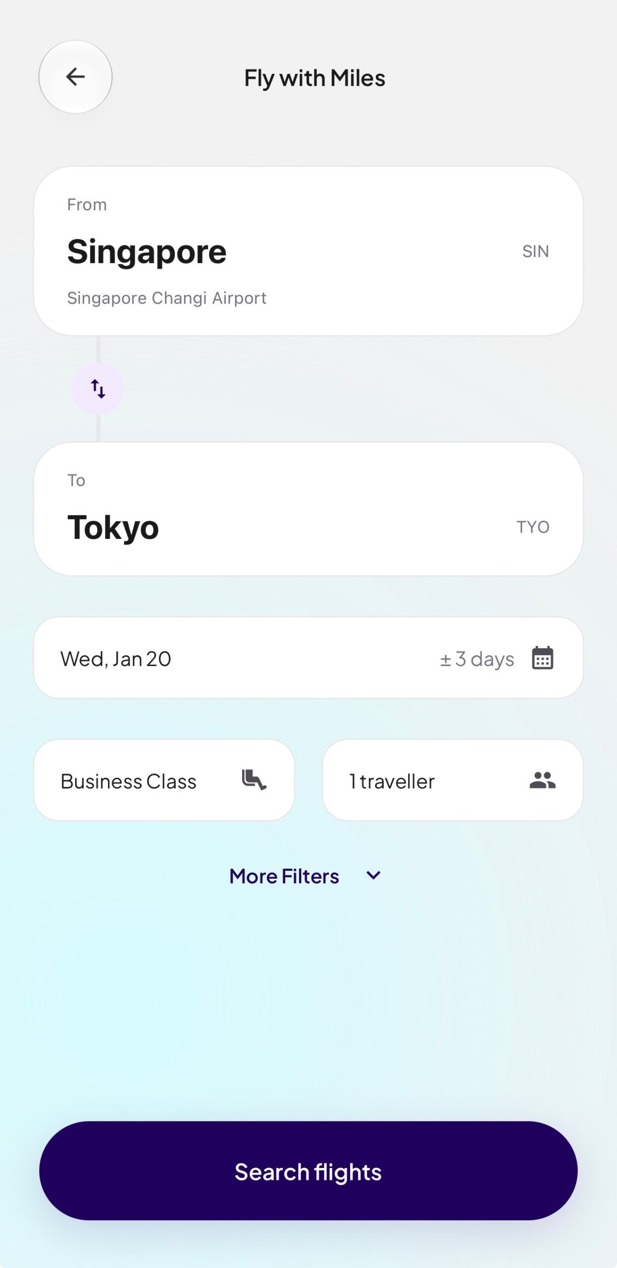 HeyMax Fly with Miles search for Singapore to Tokyo, Wed 20 January, Business Class, 1 traveller