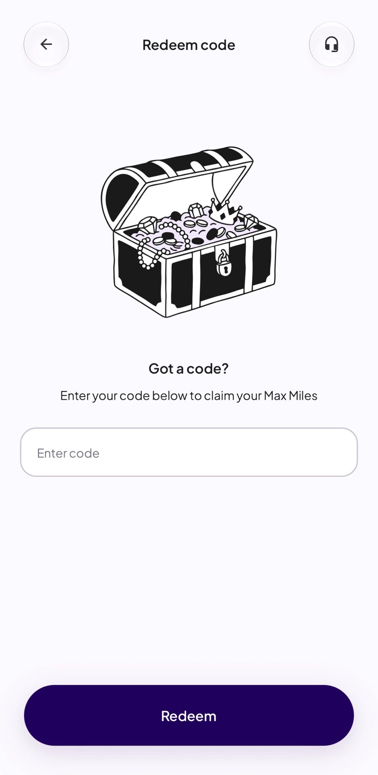 HeyMax Redeem code screen with the Enter code field and the Redeem button