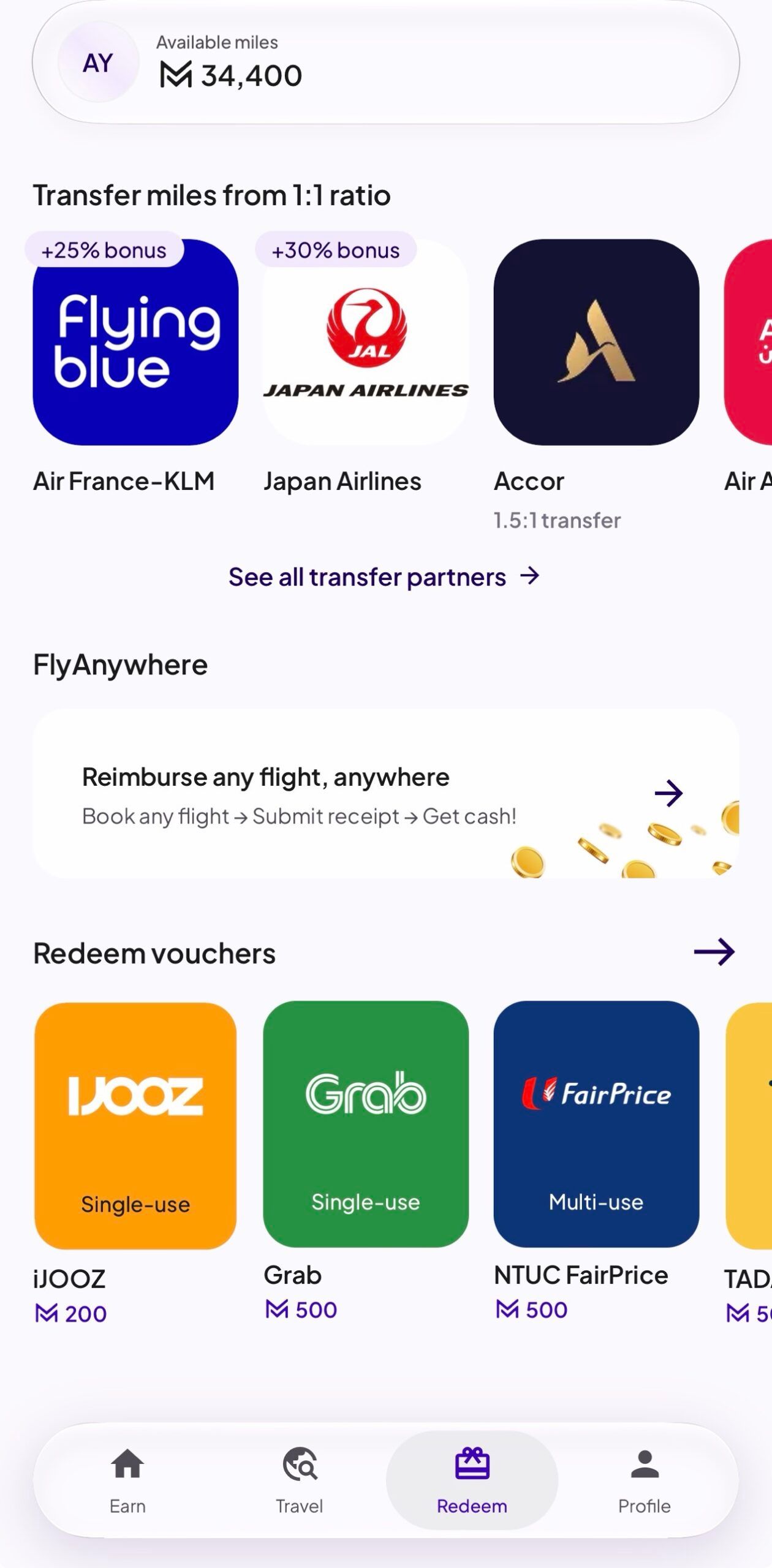 HeyMax Redeem tab showing FlyAnywhere, airline partners and vouchers