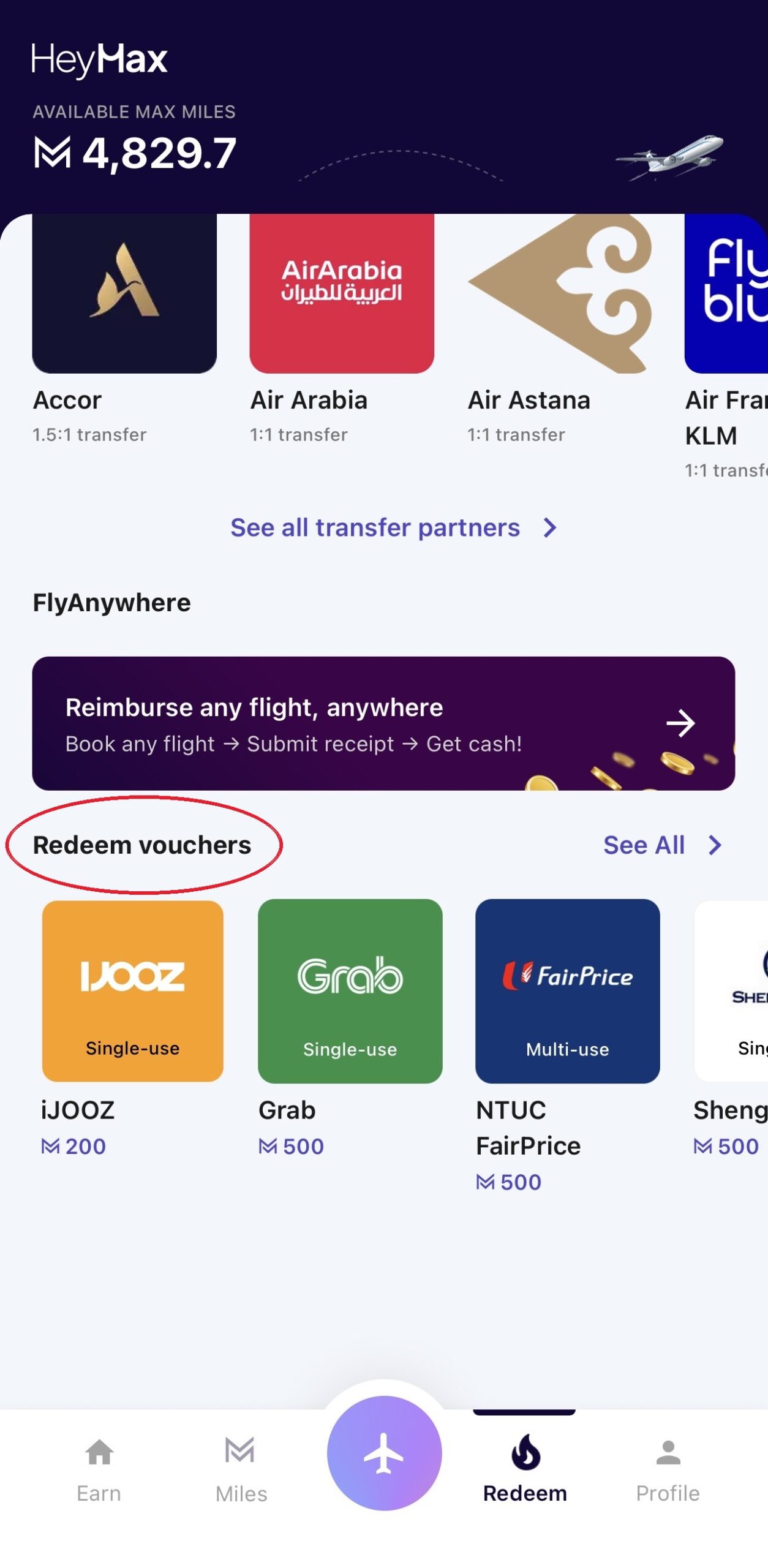 HeyMax Redeem tab with Redeem vouchers circled — the mistake to avoid