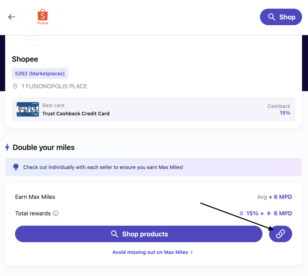 Purple rounded button labeled Shop products with a small round sharelink icon to the right