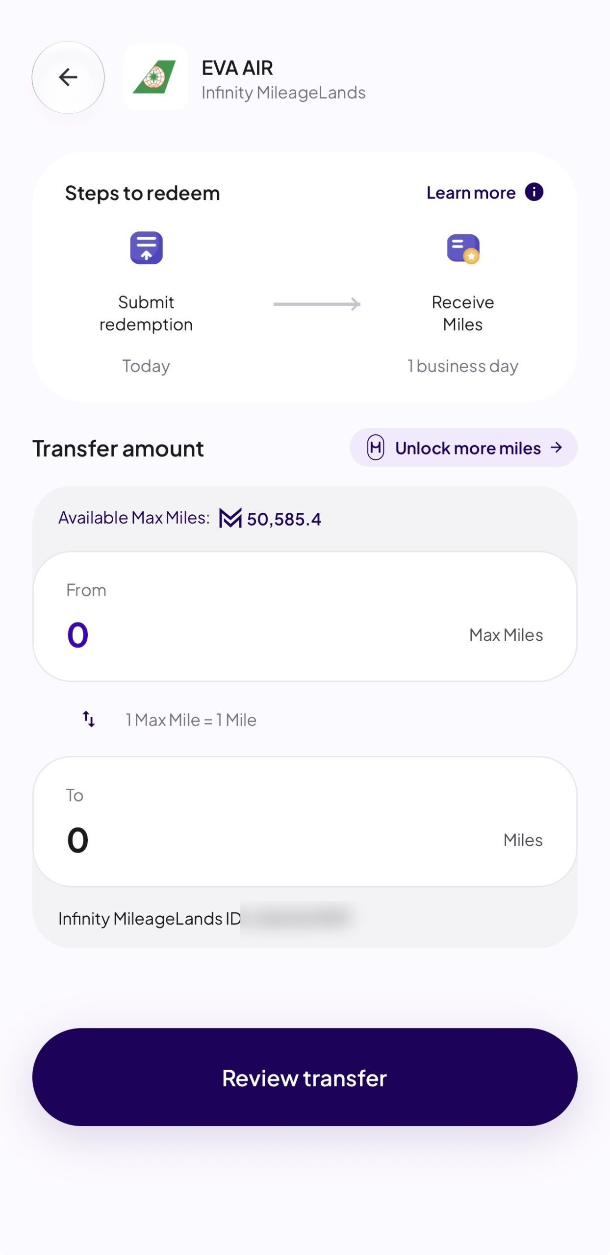 HeyMax transfer amount screen showing available Max Miles and 1 Max Mile = 1 Mile to EVA Air