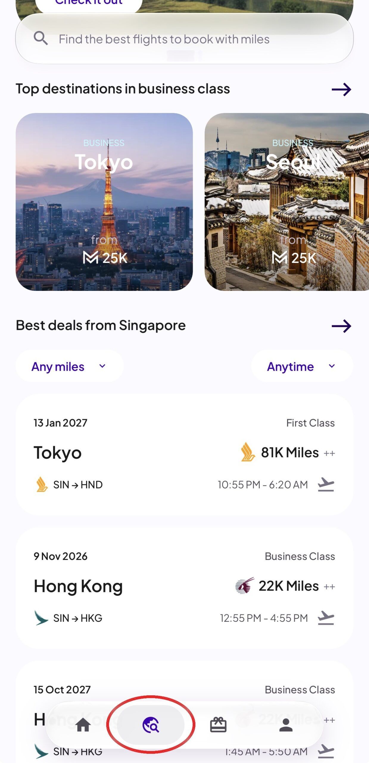 HeyMax Travel tab, circled at the bottom of the app, with the flight search bar at the top