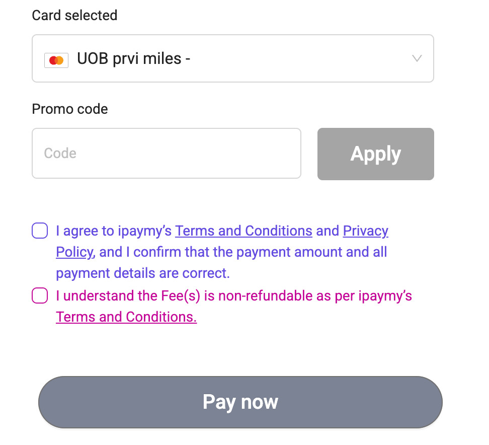 iPayMy checkout showing the promo code field and Apply button above the Pay now button