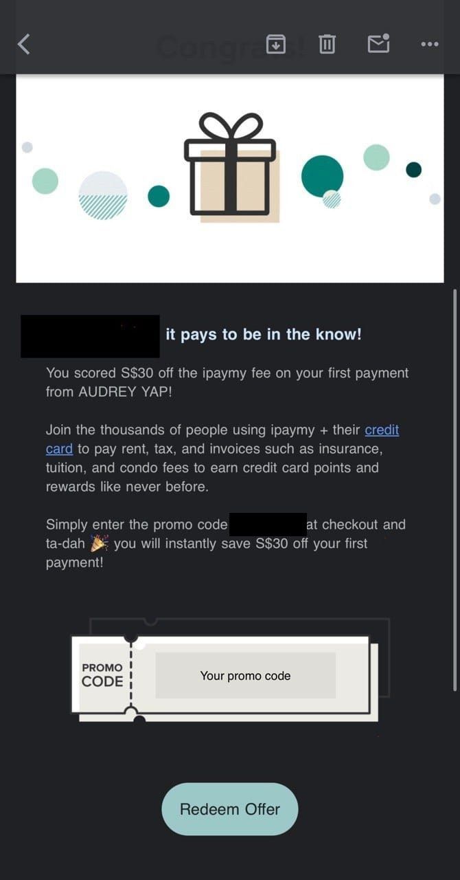 iPayMy welcome email confirming S$30 off the service fee on a first payment