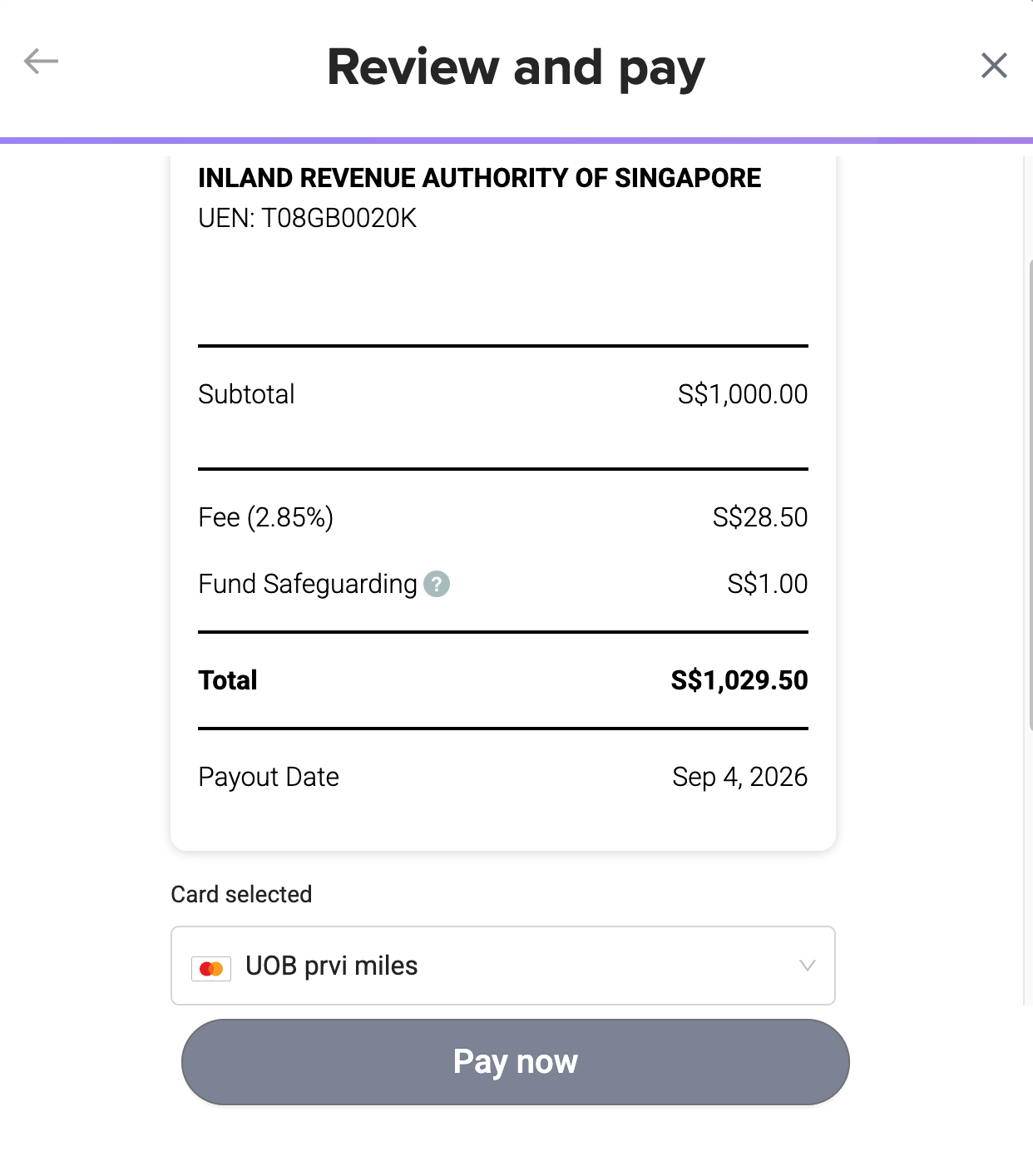 iPayMy Review and pay screen for a S$1,000 IRAS payment showing the 2.85% fee of S$28.50 and the S$1 fund safeguarding fee