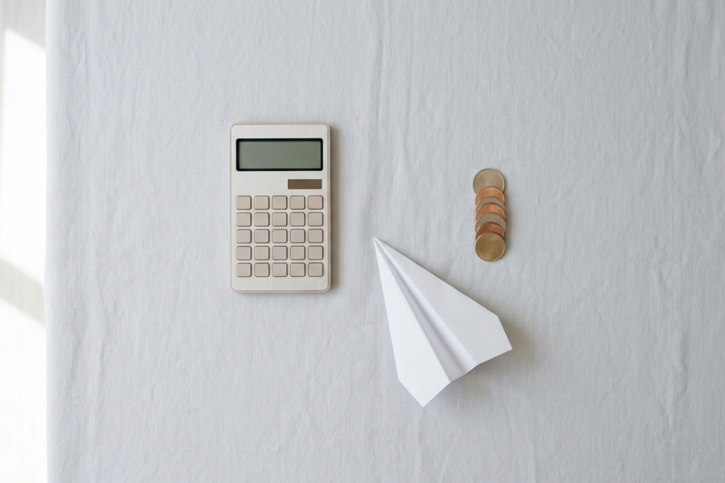 Calculator coins and a paper plane  deciding whether CardUpiPayMy service fees are worth paying for miles
