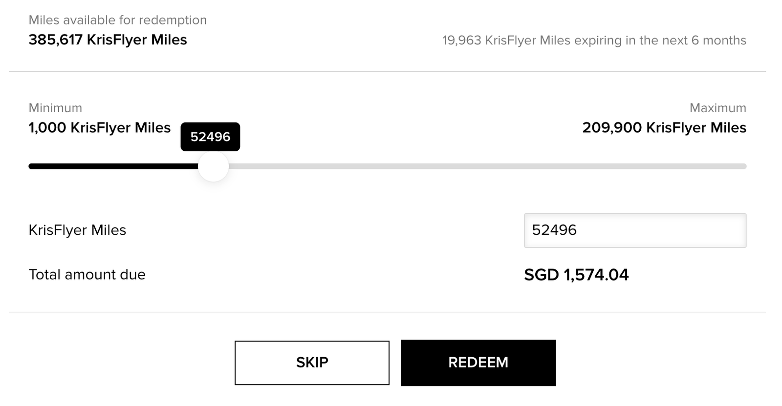 KrisShop checkout showing the miles slider, 1,000-mile minimum and remaining cash payment