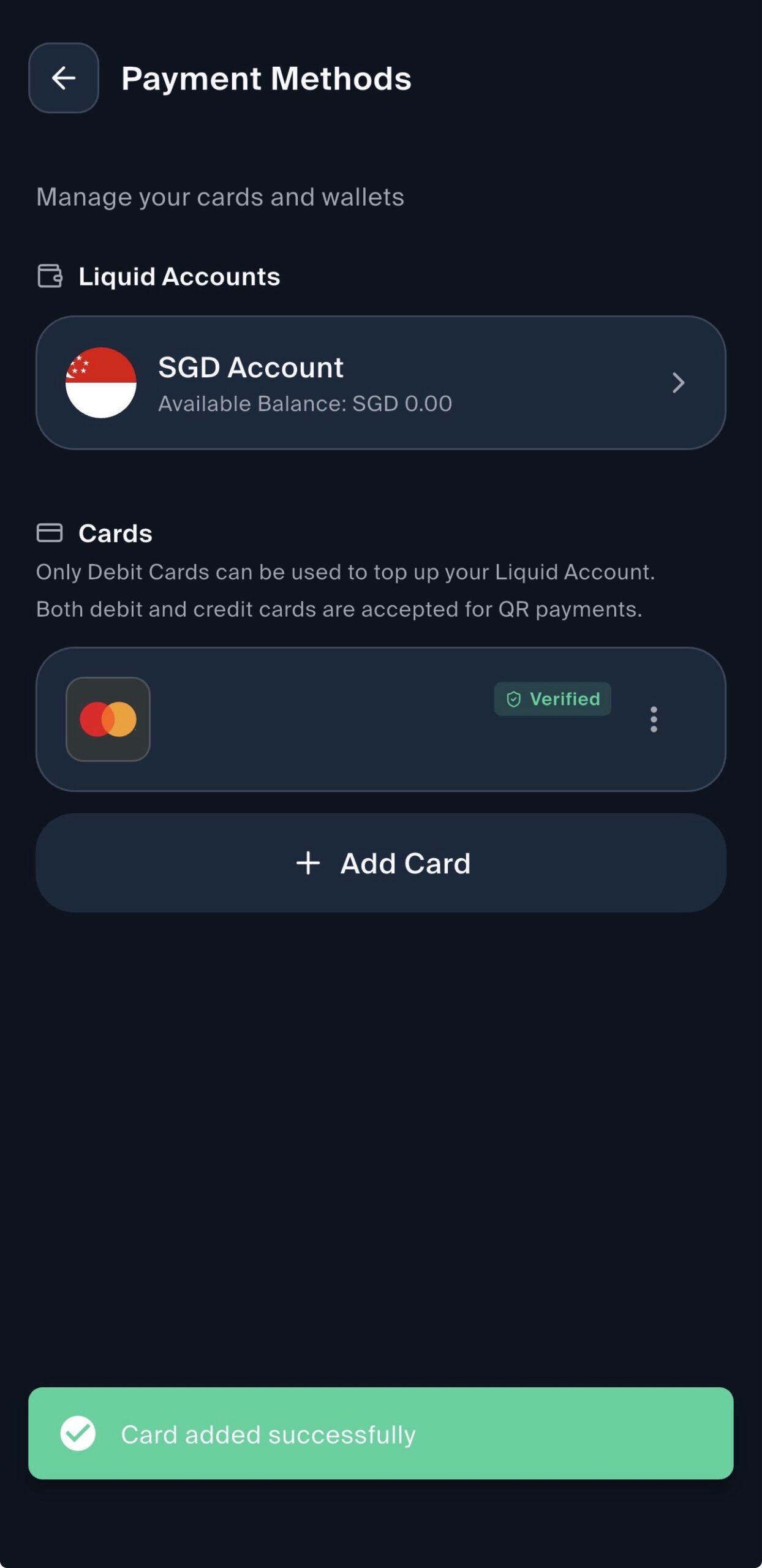 LiquidPay 2.0 Payment Methods screen showing a verified Mastercard and a Card added successfully message