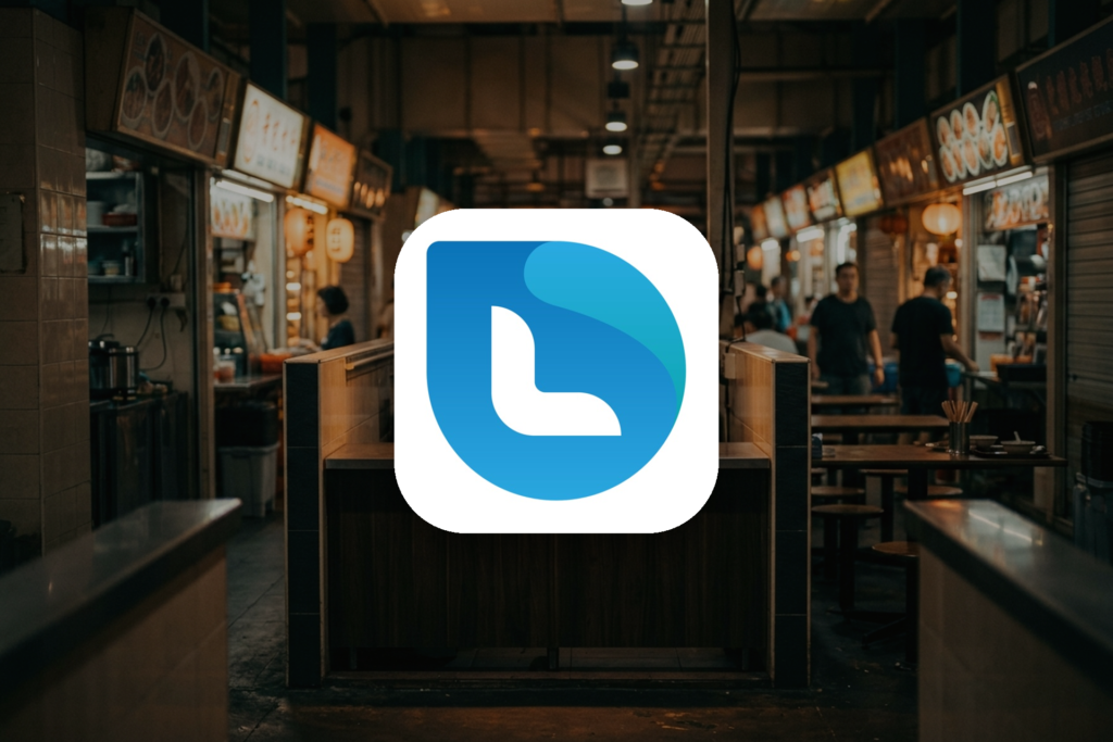 Night market dining scene with stalls and warm lights wooden tables and a large blue app logo centered in the foreground
