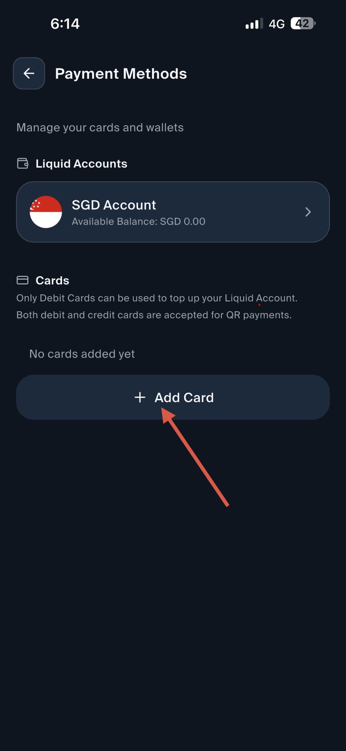 LiquidPay 2.0 Payment Methods screen with an Add Card button and a note that only debit cards can top up but both debit and credit cards work for QR payments