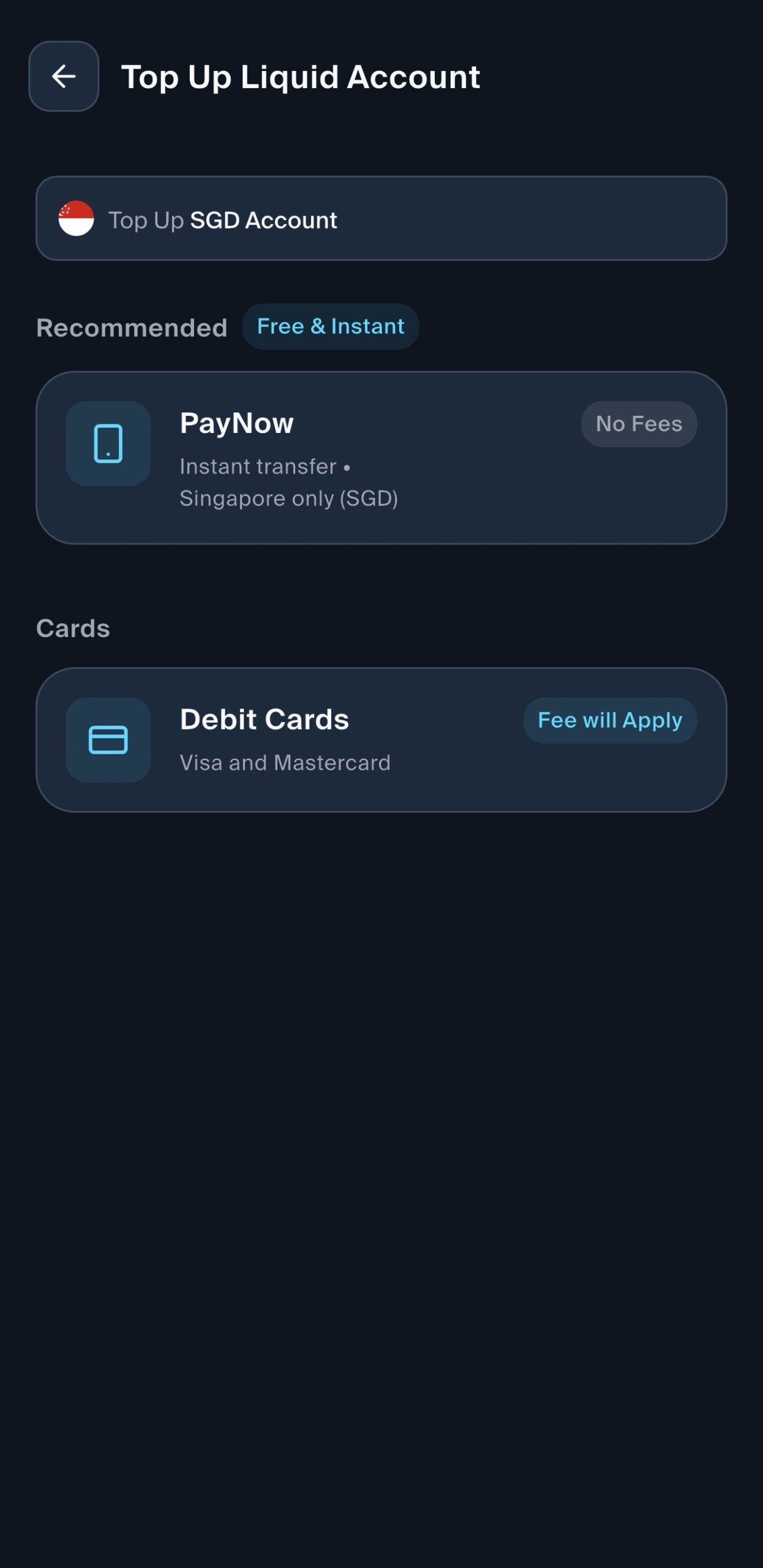LiquidPay 2.0 Top Up Liquid Account screen offering PayNow with no fees or debit cards with a fee