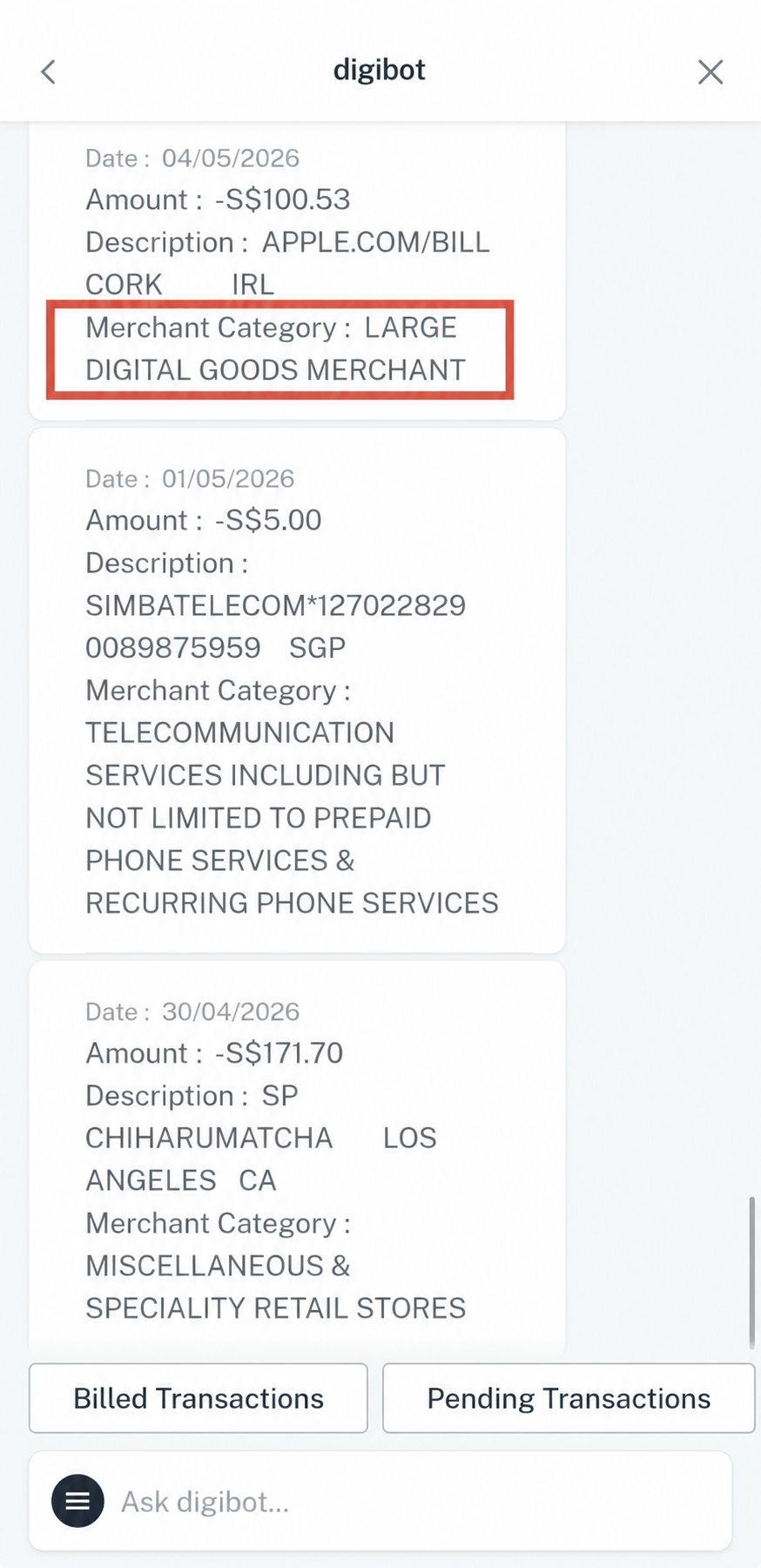 Example transaction with Merchant Category highlighted
