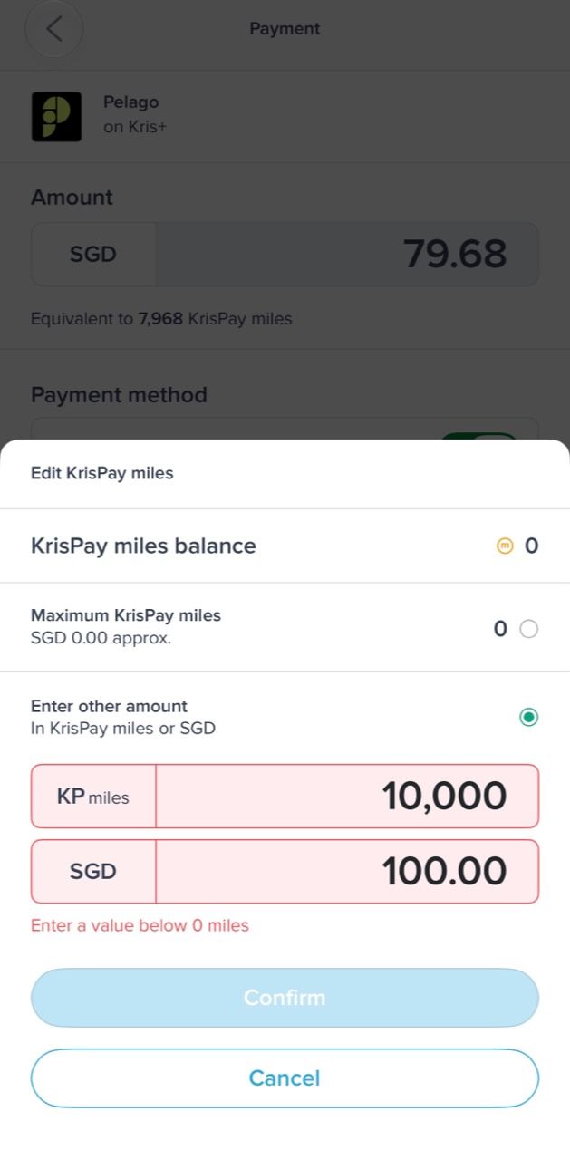 Pelago through Kris+ custom miles editor with zero wallet balance
