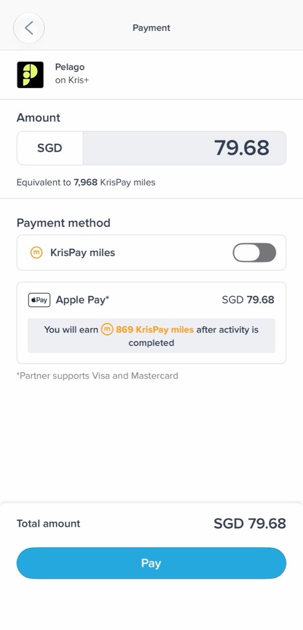 Pelago through Kris+ checkout with card payment selected