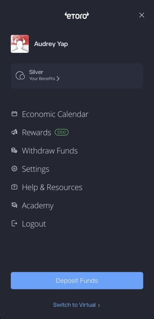 eToro app sidebar showing user Audrey Yap with Silver benefits followed by navigation items Economic Calendar Rewards Withdraw Funds Settings Help  Resources Academy Logout and a Deposit Funds button at the bottom