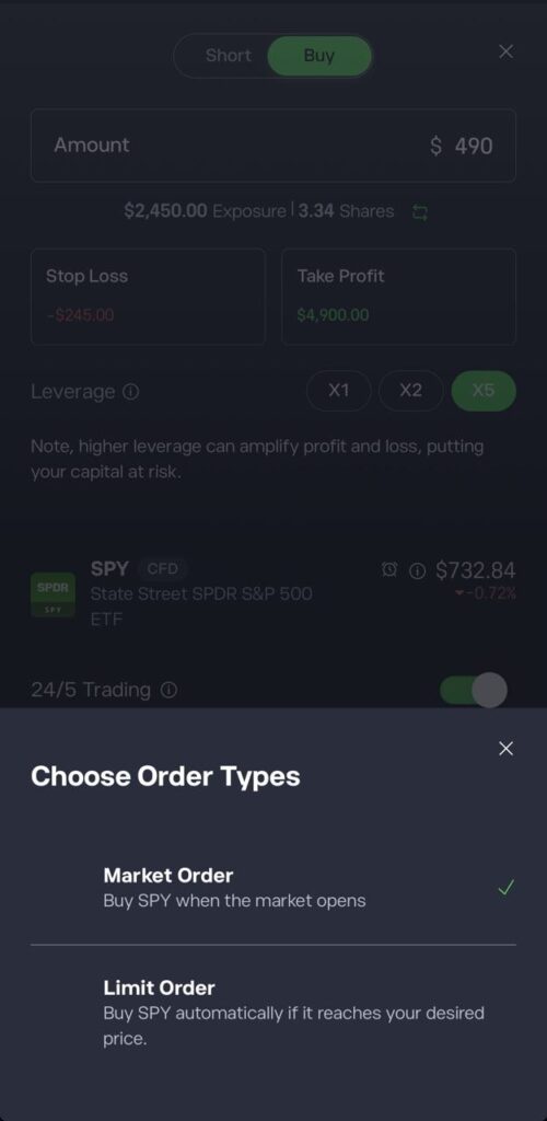 Overlay dialog Choose Order Types with Market Order selected explains Market Order and Limit Order option descriptions