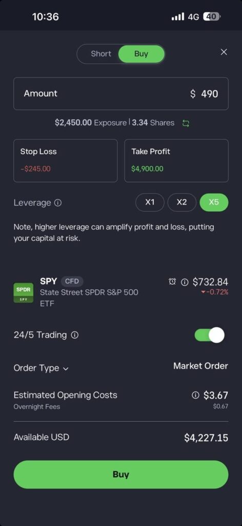 Mobile trading app Buy tab with 0 amount exposure 50 and 334 shares leverage X5 Buy button at bottom
