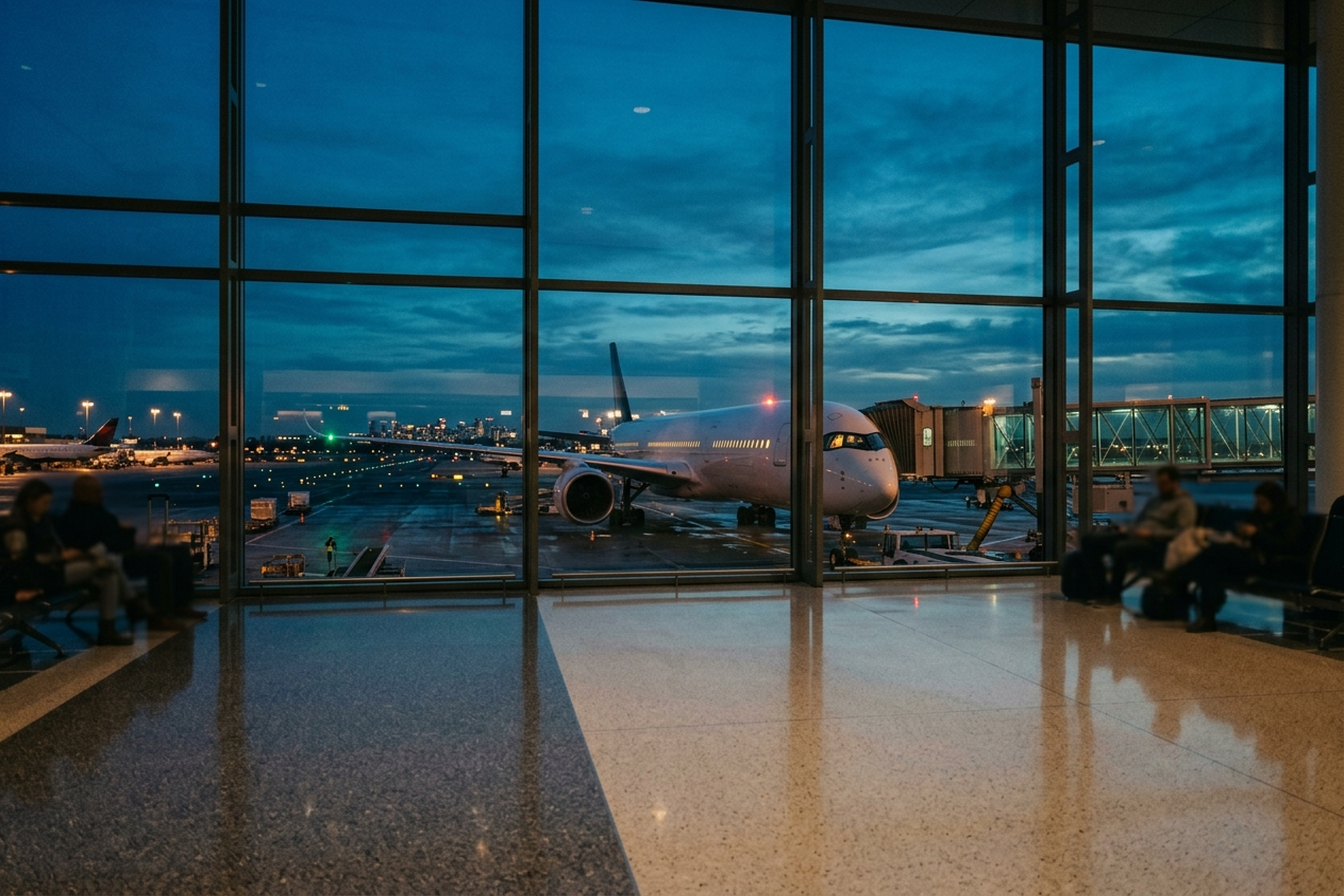An airplane parked at the gate seen through an airport terminal window at dusk — Singapore Airlines fare sale 2026