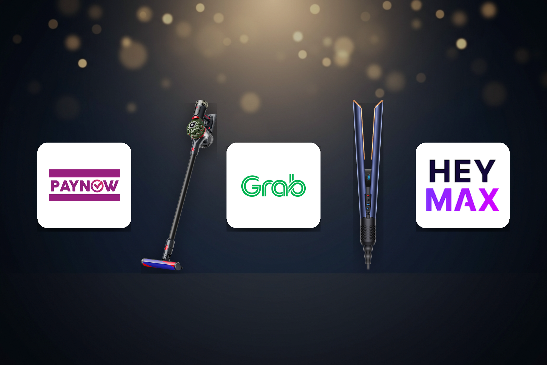 Promotional banner showing PayNow, Grab, and HeyMax logos with a cordless vacuum on the left and a blue hair straightener in the center against a dark bokeh background.