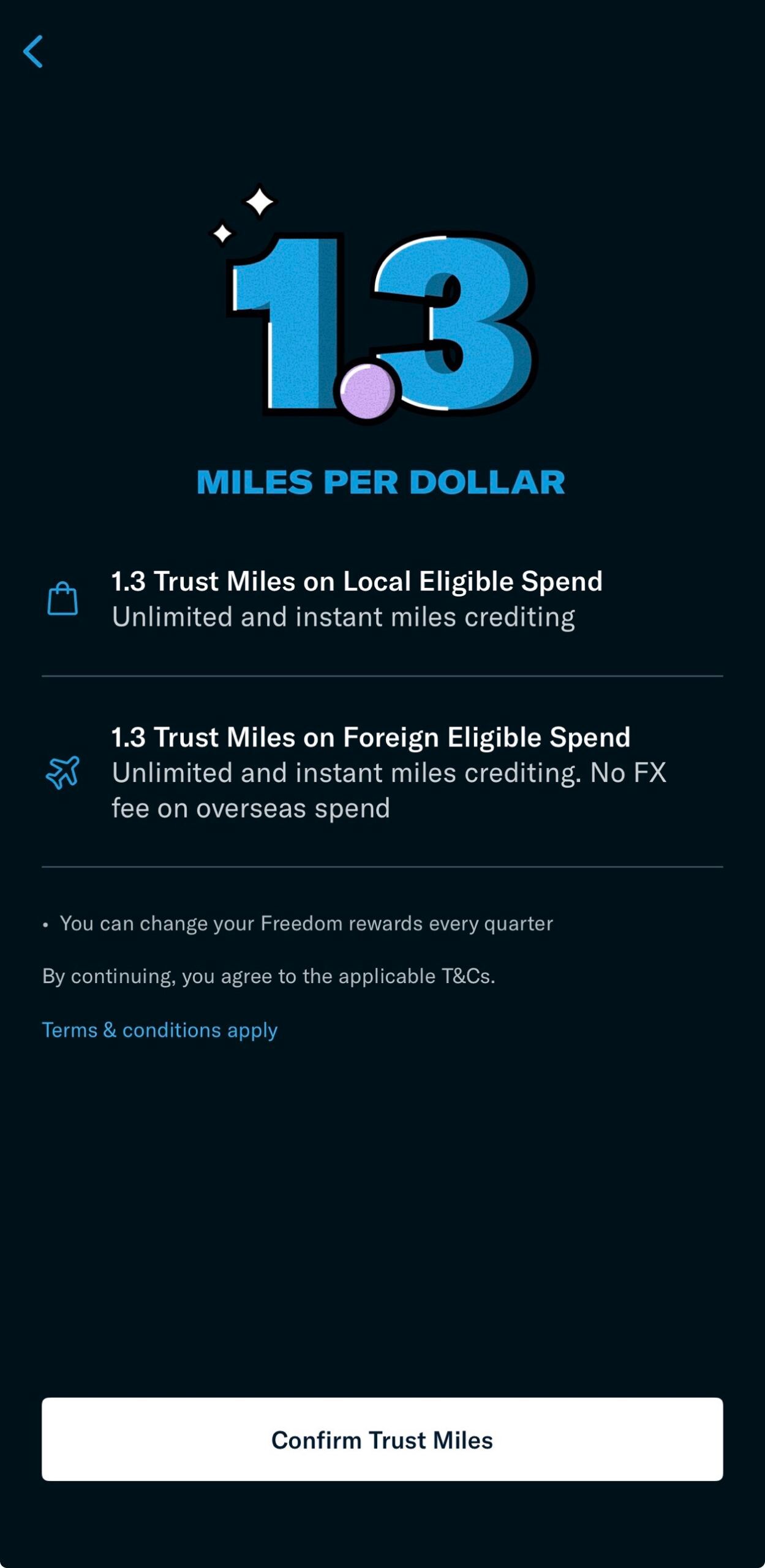 Trust Miles details screen showing 1.3 Trust Miles per dollar on local and foreign eligible spend, with the Confirm Trust Miles button