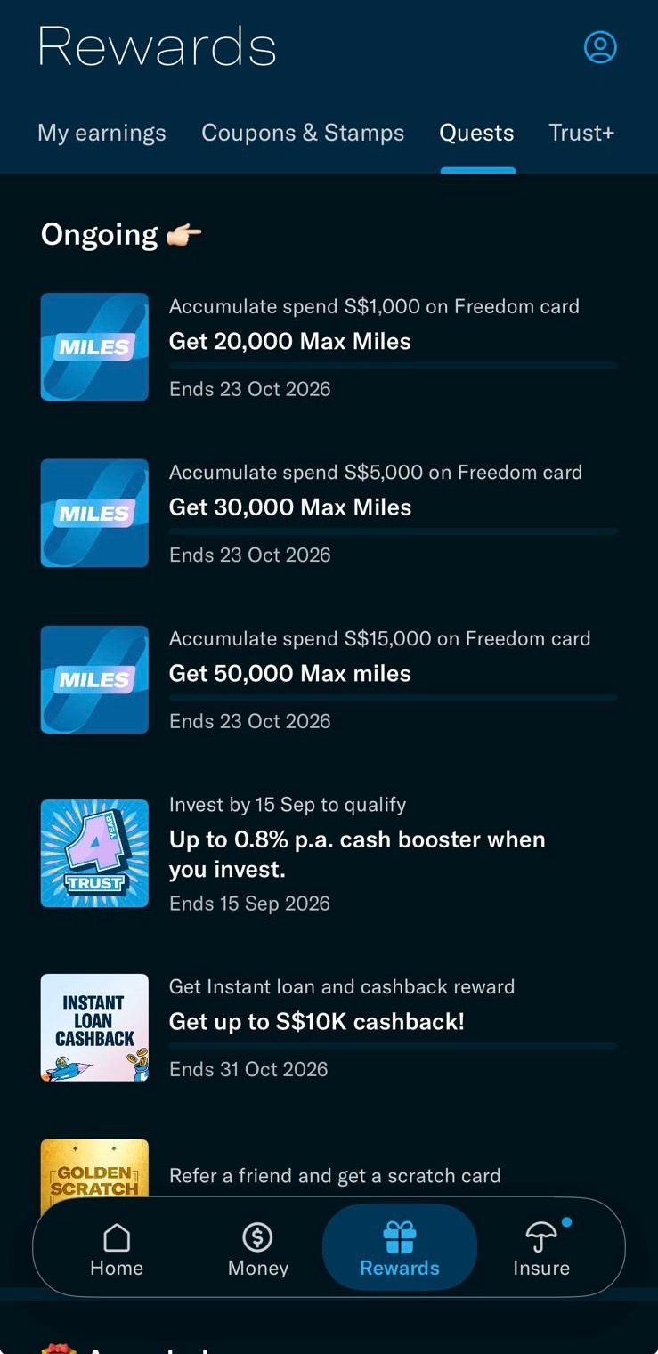 Trust app Rewards screen on the Quests tab, listing the Freedom card spend quests for 20,000, 30,000 and 50,000 Max Miles