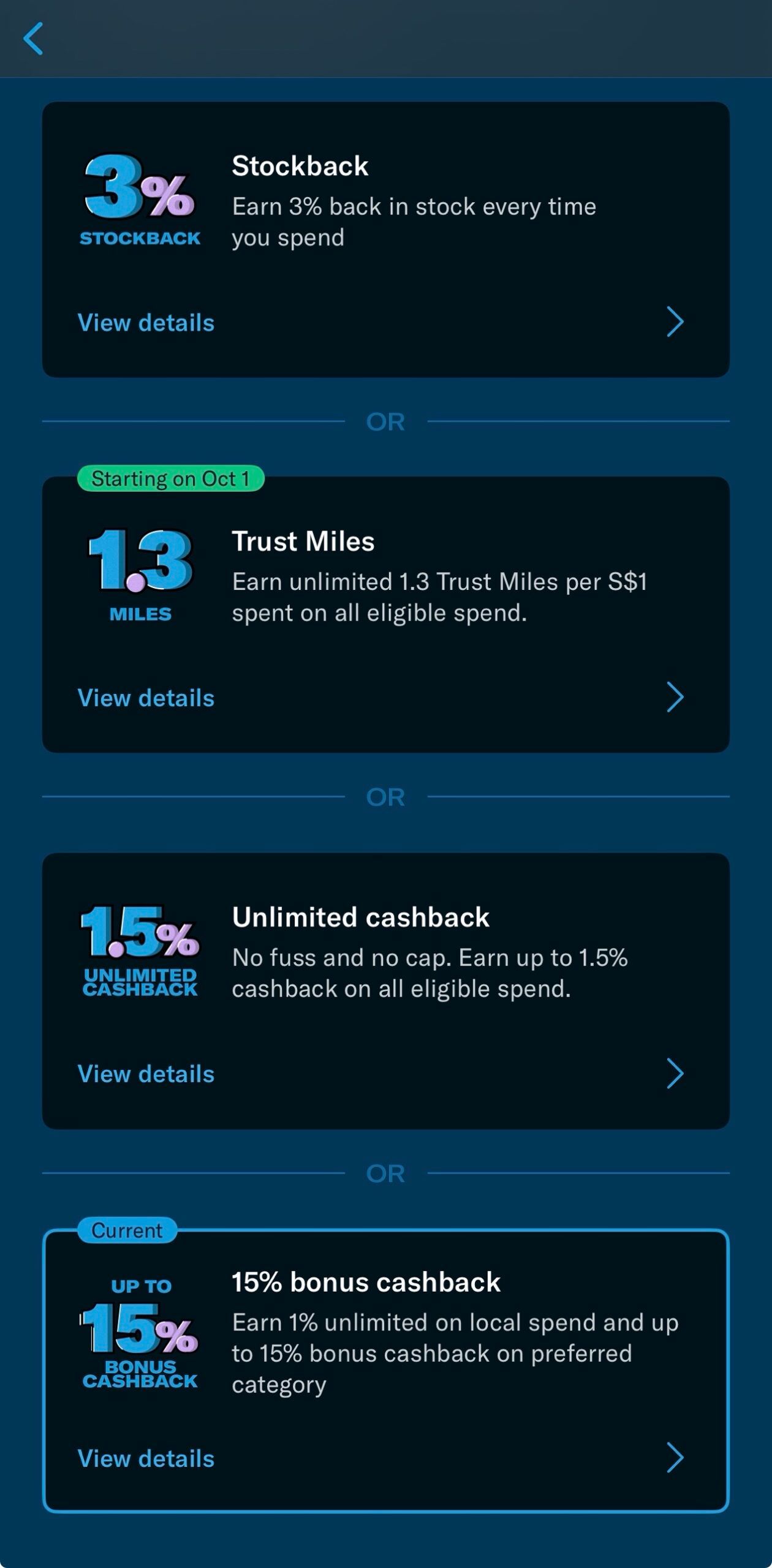 Trust app reward picker listing Stockback, Trust Miles at 1.3 miles per dollar, Unlimited cashback and 15% bonus cashback