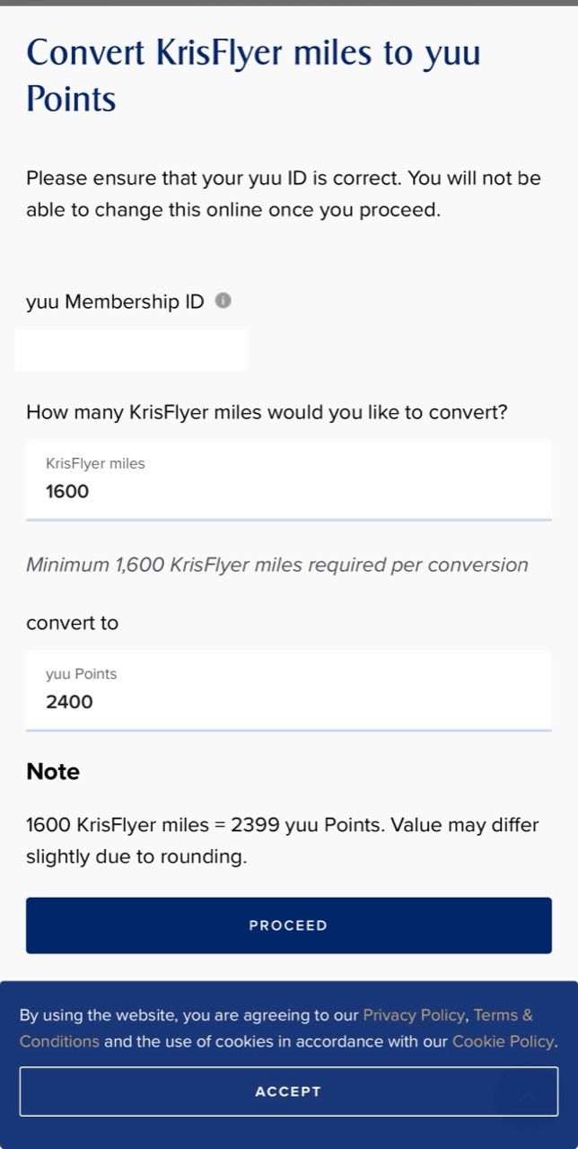 yuu conversion minimum showing 1,600 miles and the rounding note