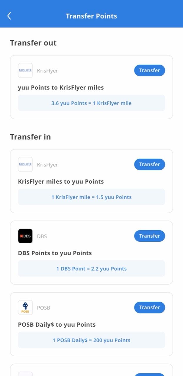 yuu transfer rates showing 1 KrisFlyer mile for 1.5 yuu Points